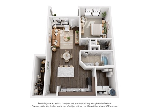a 3d floor plan of a 2100 sq ft apartment